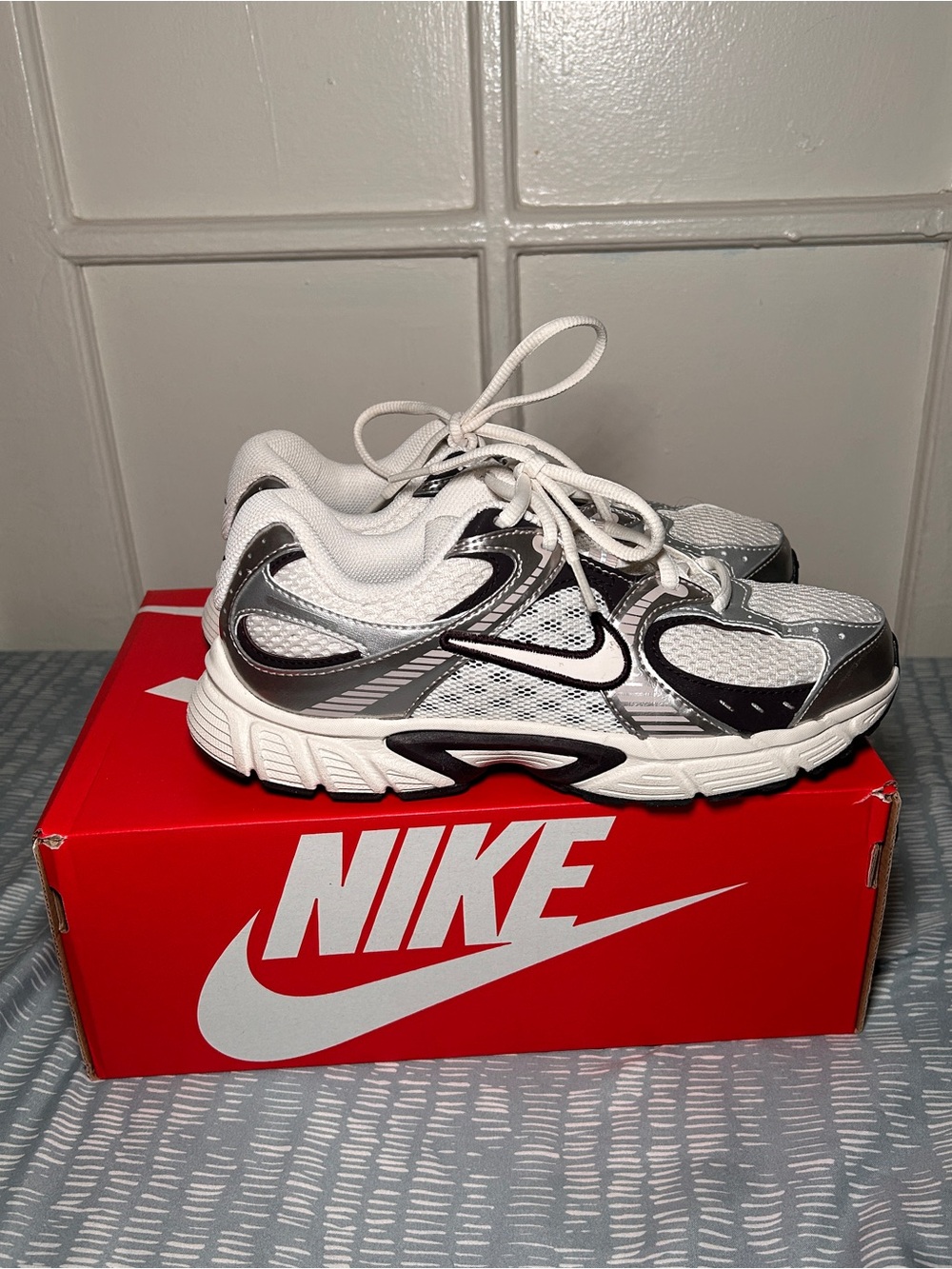 Nike Kids White and Gray Mesh Lace-Up Sneakers